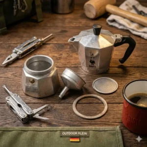Die verschiedenen einzelteile und filter des bialetti outdoor alu klein auf einem stein
