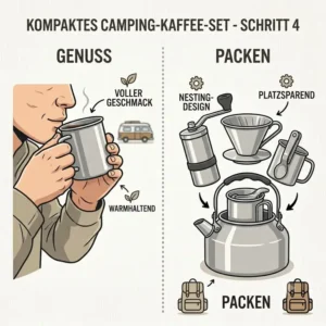 Illustration der integrierten Handkurbel-Kaffeemühle aus dem camping kaffee set kompakt beim Mahlen von Kaffeebohnen.