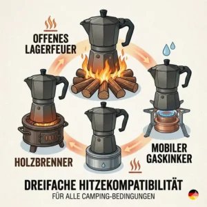 An illustration highlighting the versatile stove compatibility of the camping espresso maker titan on campfires and gas burners.