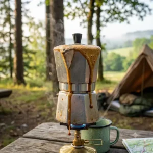 Frischer Espresso fließt aus der Steigleitung einer camping mokka kanne mini beim Outdoor Kochen.
