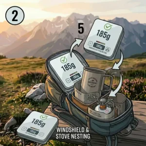 Technische Illustration von einem kaffee kocher outdoor leicht mit Windschutz für maximale Effizienz.