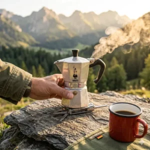 Kaffee kochen beim camping in deutschland mit dem bialetti outdoor alu klein