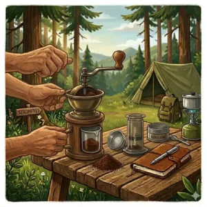 Kaffeebohnen mahlen für die Nutzung einer Kaffeemaschine ohne Strom camping.