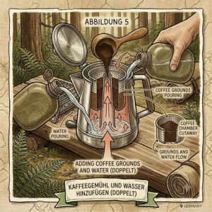 Illustration of steaming hot coffee being poured from a bushcraft kaffee maker into a classic wooden camping mug.