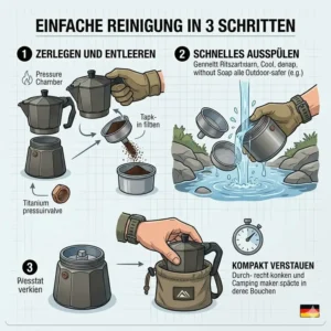 A simple 3-step visual guide showing how easy it is to clean the camping espresso maker titan in the backcountry.