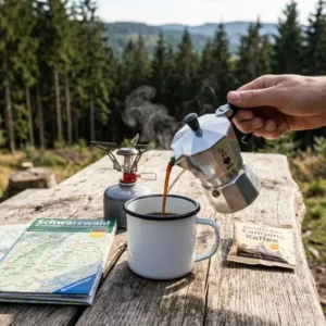 Kaffee wird aus einer camping mokka kanne mini in eine Emaille Tasse gegossen.