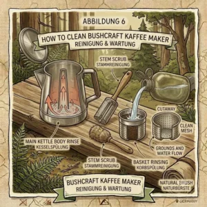 Illustration demonstrating how to easily disassemble and clean a bushcraft kaffee maker in the wild without chemicals.