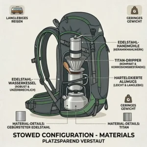 Eine grafische Material-Erklärung der robusten Edelstahl- und Titan-Elemente vom camping kaffee set kompakt für Outdoor-Einsätze.