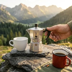 Größenvergleich des kleinen bialetti outdoor alu klein neben einer standardtasse