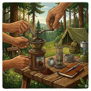 Ein Perkolator brüht Kaffee auf dem Lagerfeuer als Kaffeemaschine ohne Strom camping.