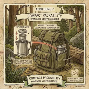 Illustration showing a lightweight, compact bushcraft kaffee maker strapped neatly to the side of a hiking backpack.