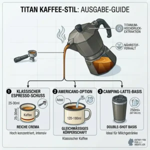 A coffee recipe guide showing different style drinks you can make using the camping espresso maker titan including espresso and latte.