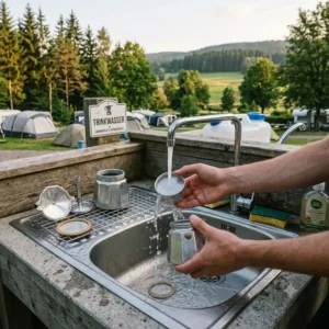 Eine zerlegte camping mokka kanne mini wird beim Camping ohne Spülmittel mit Wasser gereinigt.