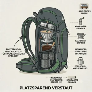 Zwei Camper sitzen am Lagerfeuer und genießen frisch gebrühten Kaffee aus dem camping kaffee set kompakt in den Alpen.