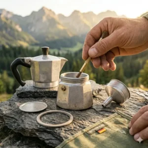 Den bialetti outdoor alu klein espressokocher unterwegs mit klarem wasser reinigen