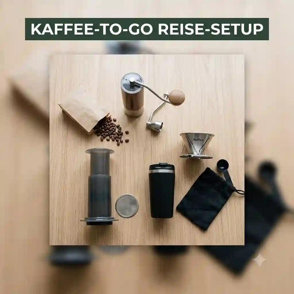 A complete kaffee-to-go reise setup featuring a grinder, Aeropress, and mug on wood.