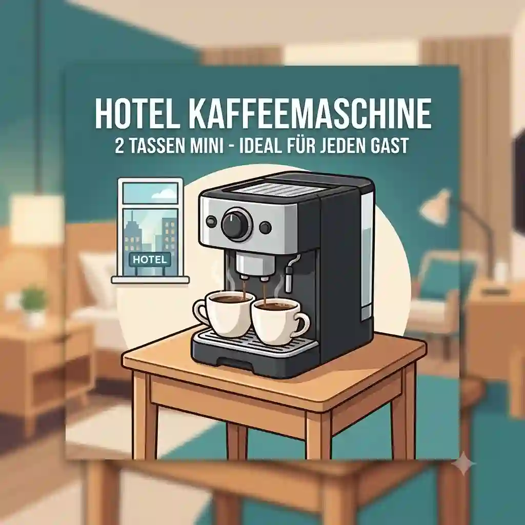 A modern hotel room featuring the premium hotel kaffeemaschine 2 tassen mini placed on a wooden desk.
