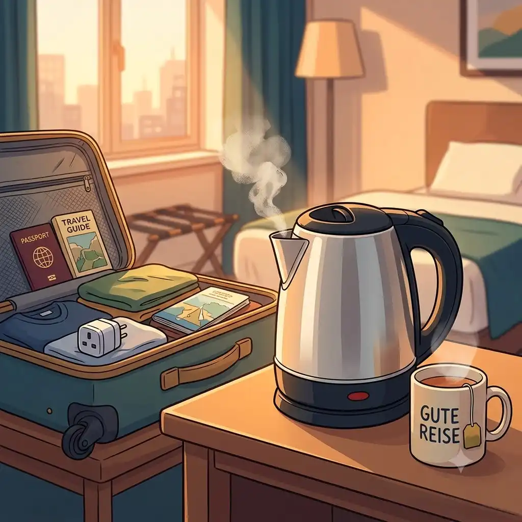 A compact travel kettle 0.5l with a suitcase and passport in a hotel room, symbolizing ease of packing.