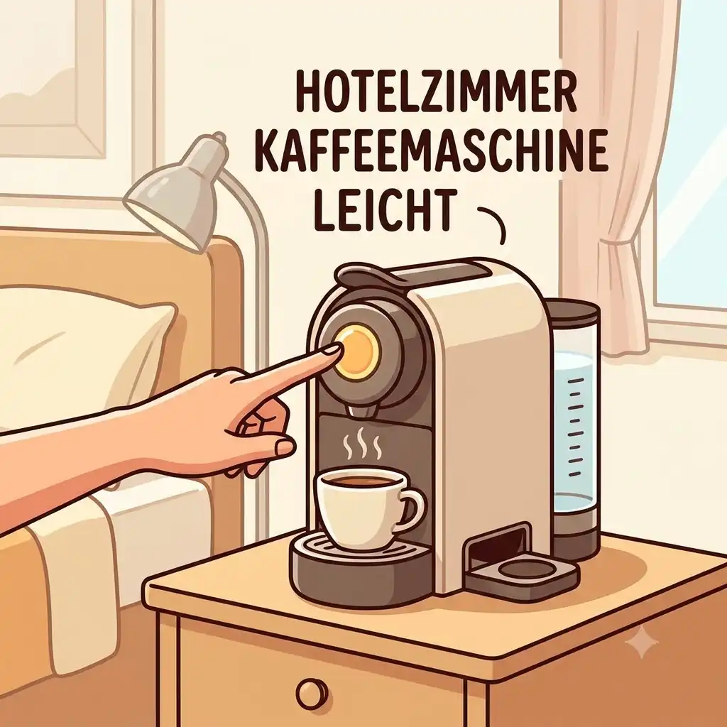 1-Moderne Hotelzimmer Kaffeemaschine leicht bedienbar auf dem Nachttisch.