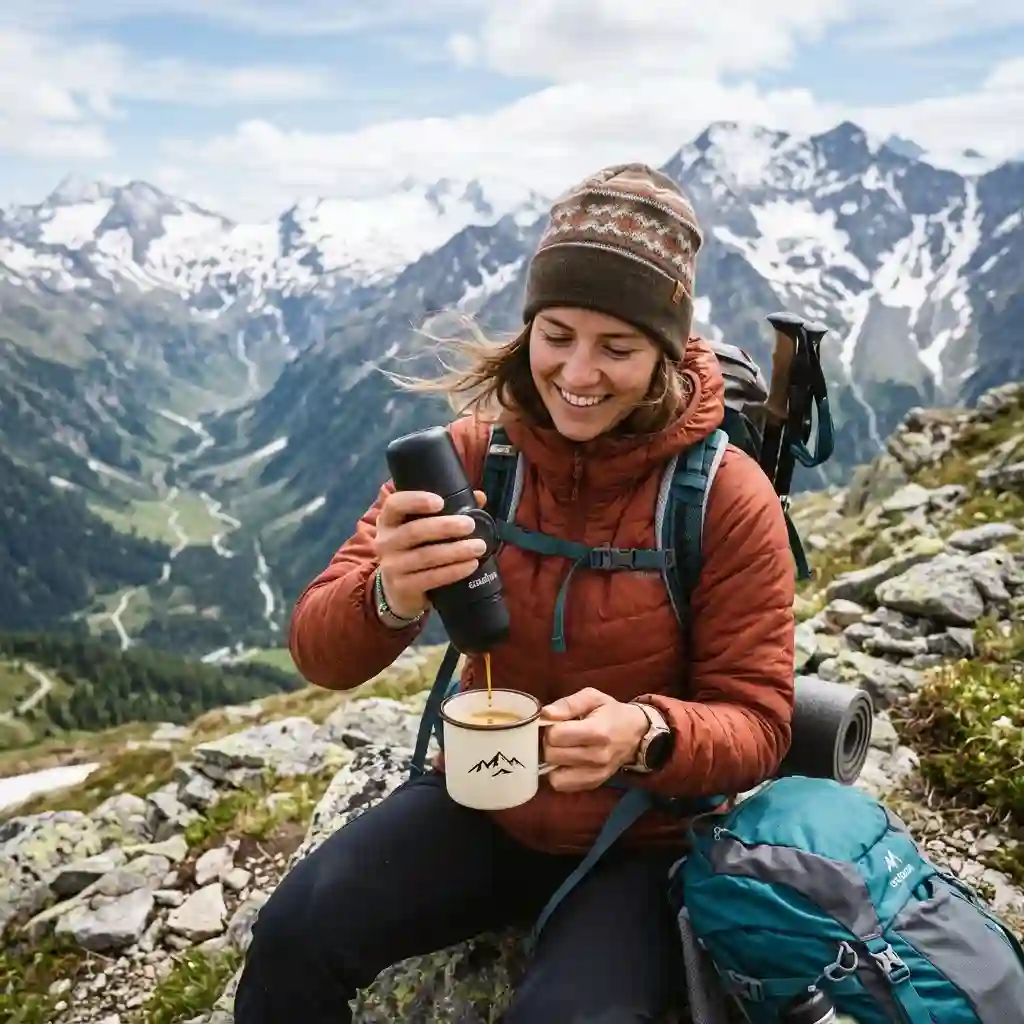 A hiker enjoying coffee using a portable espresso maker in the mountains, demonstrating a practical kaffee überall unterwegs lösung.