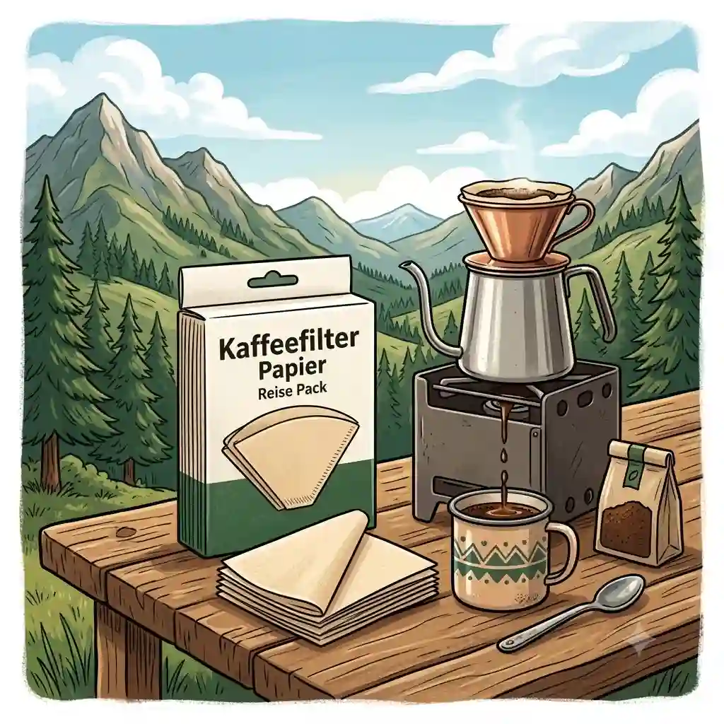 A kaffeefilter papier reise pack displayed on a wooden table outdoors next to a camping stove and a coffee mug with mountains in the background.