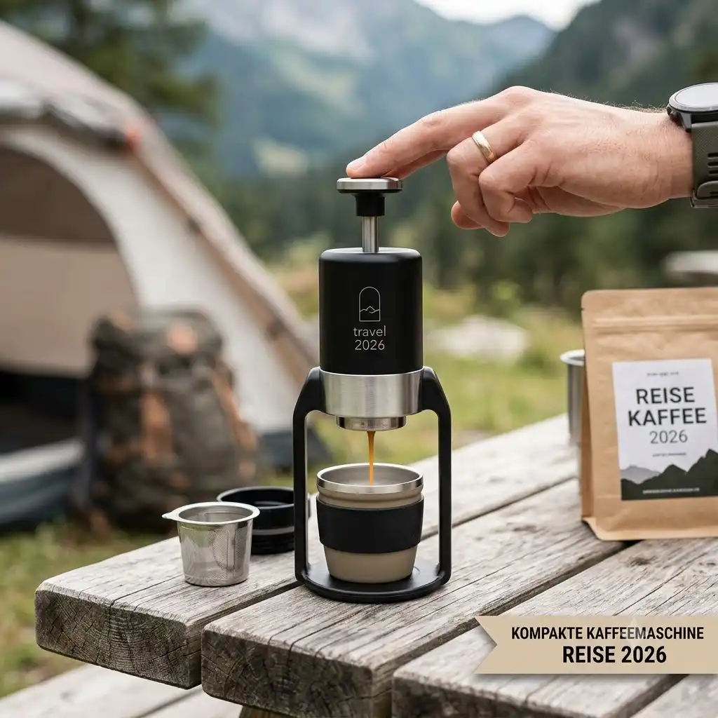 A compact, modern portable espresso maker actively brewing outdoor at a camping site, representing a "kompakte kaffeemaschine reise 2026" with natural daylight.