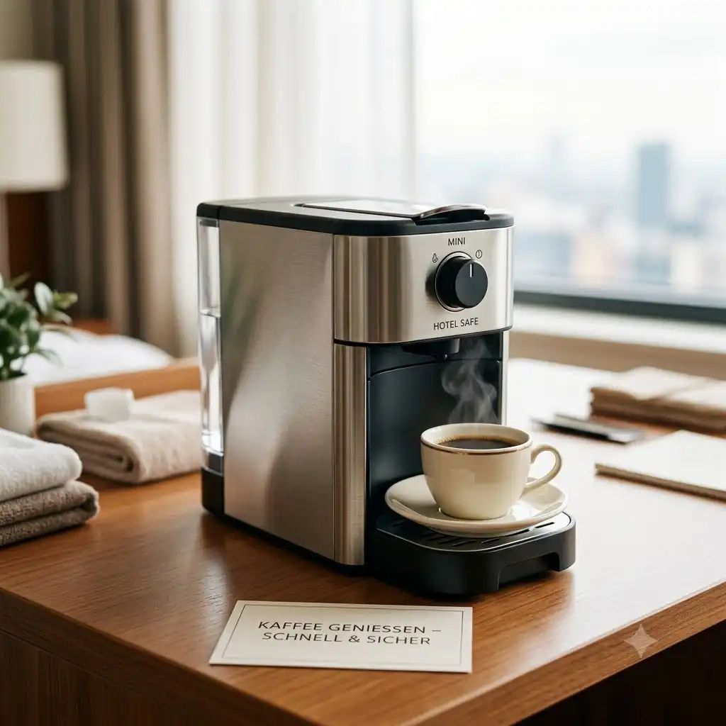 A compact and modern mini kaffeemaschine hotel sicher placed on a neat hotel room desk with a steaming cup.