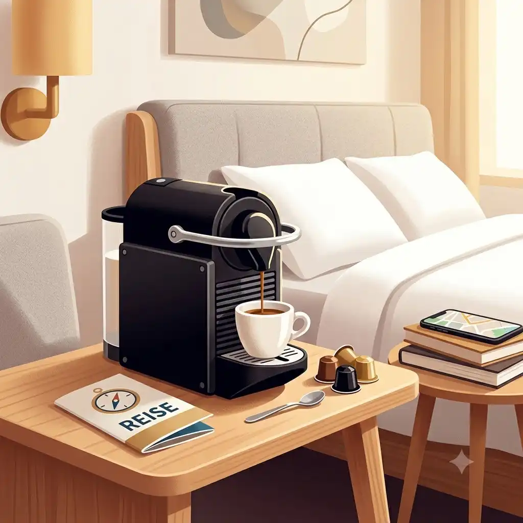 Eine moderne, kleine Reise-affeemaschine steht auf dem Nachttisch in einem gemütlichen Hotelzimmer neben einer Tasse frischem Kaffee.reise kaffeemaschine hotel klein