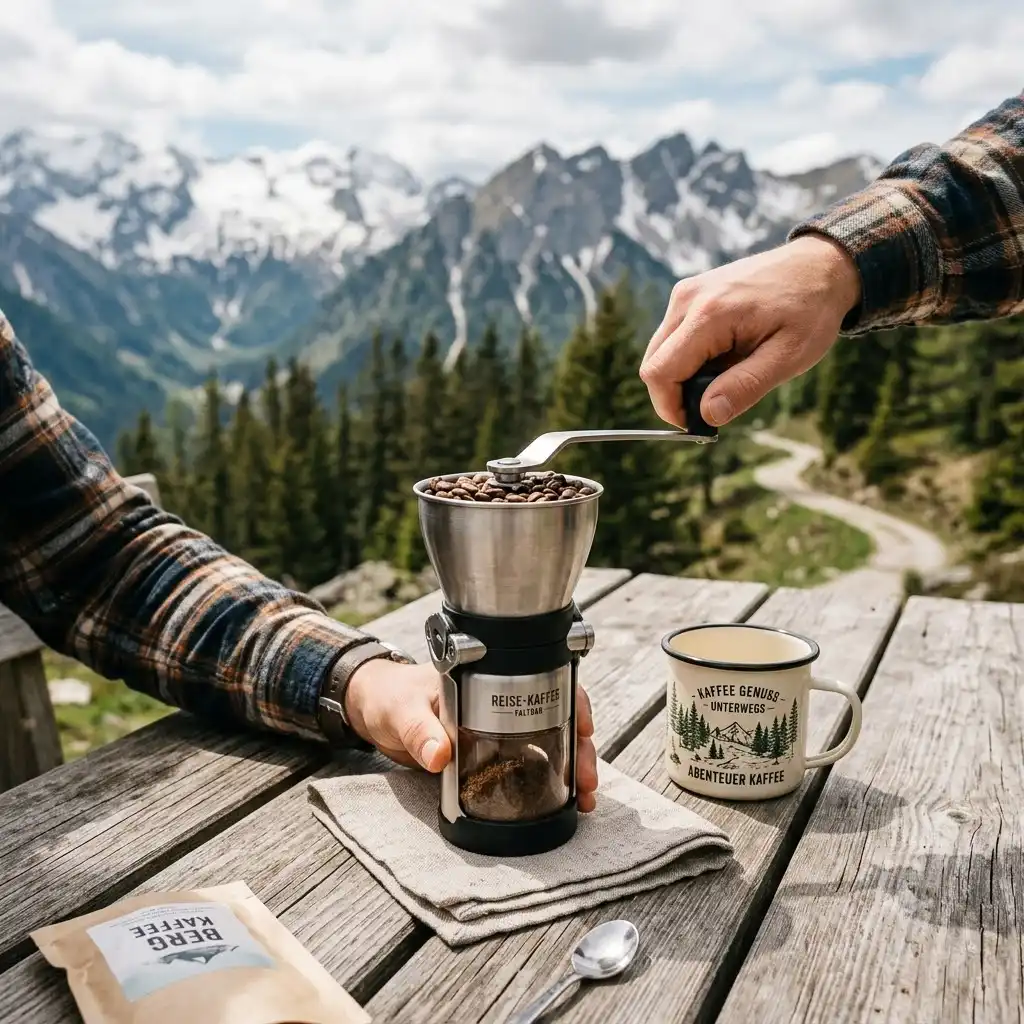 Manual reise kaffeemühle faltbar being used on a wooden table during a camping trip in the mountains.
