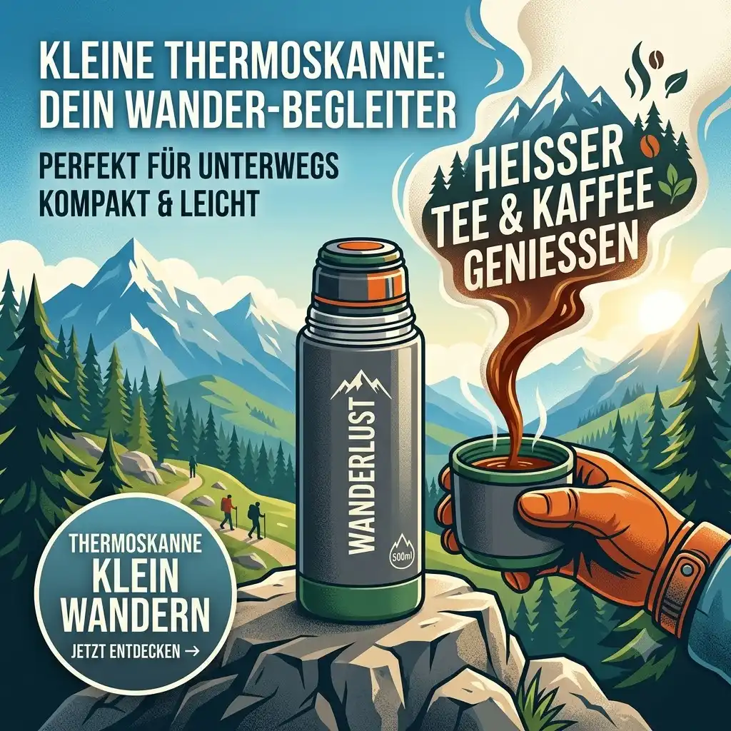 A high-quality thermoskanne klein wandern standing on a rock in the mountains with a panoramic view of the Alps.
