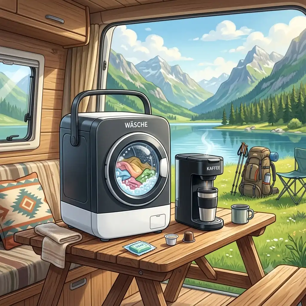 Tragbare Maschine im Urlaub Test: Ein Wohnmobil-Tisch mit einer kompakten Reise-Waschmaschine und einer Mini-Kaffeemaschine vor einem Bergpanorama.