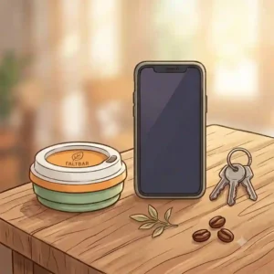Graphic illustration of a collapsed faltbare kaffeetasse silikon next to a smartphone and keys on a desk