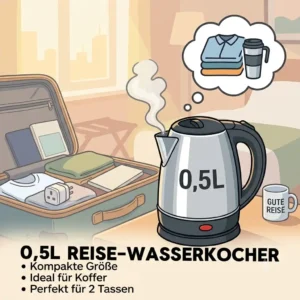 A graphic illustration showing how the compact wasserkocher reise 0.5l fits easily into a standard carry-on suitcase.