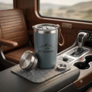 An insulated mug placed inside a car, offering a simple kaffee überall unterwegs lösung for daily commuters.