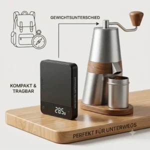 Portable kaffeewaage mini digital for travel coffee preparation.