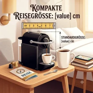 Infografik zum Größenvergleich einer kleinen Reise-Kaffeemaschine im Verhältnis zu einer normalen Kaffeetasse.