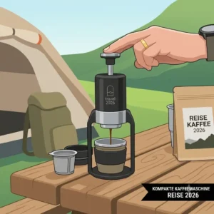 A direct size comparison showing a space-saving "kompakte kaffeemaschine reise 2026" sitting next to a standard smartphone and reusable water bottle.