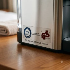 Close-up of safety certificates and overheat protection symbols on a mini kaffeemaschine hotel sicher.