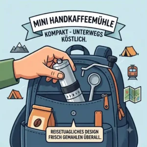 A travel graphic demonstrating how easily a compact grinder fits into a backpack for the mini kaffeemühle hand test.