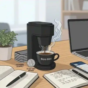 Size comparison of a travel coffee maker office mini placed next to a standard coffee mug to demonstrate its ultra-compact design.