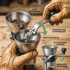 Technical diagram illustration showing the folding mechanism of a reise kaffeemühle faltbar.