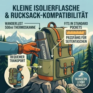 Illustration of a thermoskanne klein wandern fitting perfectly into the side pocket of a hiking backpack.