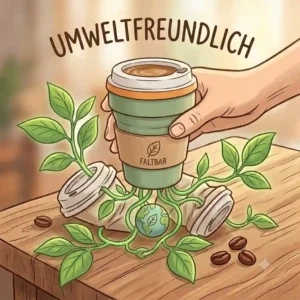 Eco-friendly concept showing a reusable faltbare kaffeetasse silikon replacing single-use cups with green leaves