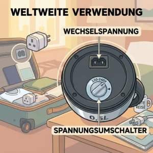 : A technical diagram explaining the dual voltage function of the wasserkocher reise 0.5l for international travel.