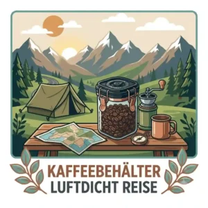 Graphic of a compact kaffeebehälter luftdicht reise during a camping trip in the mountains.