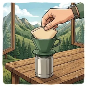 Step-by-step guide showing how a kaffeefilter papier reise pack can be easily folded and placed over a cup.