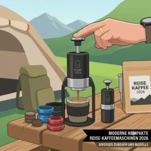A manual hand-press style "kompakte kaffeemaschine reise 2026" being used to make espresso outdoors without electricity.