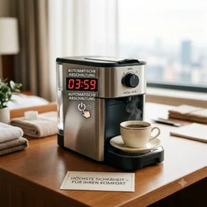 Graphic illustration showing the automatic shut-off timer of a safe mini kaffeemaschine hotel sicher.