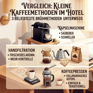 Illustration einer ultrakompakten Mini-Kaffeemaschine, die leicht in einen Reisekoffer für den nächsten Hotelaufenthalt passt.