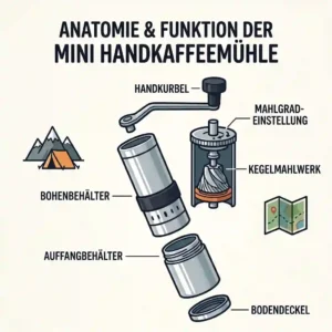 A clear technical breakdown drawing of the internal conical burr mechanism for the mini kaffeemühle hand test.